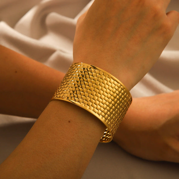 Stainless Steel Open Bracelet With Woven Pattern And Electroplating For Women Geometric Style