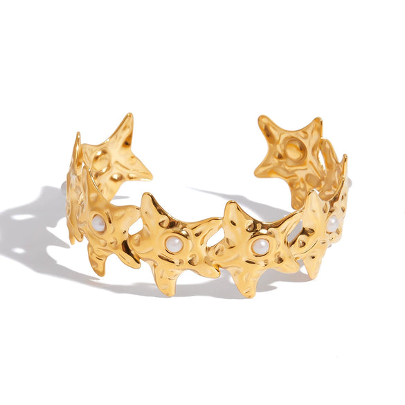 Stainless Steel Open Gold Starfish Inlaid Pearl Bracelet Electroplated Hand Jewelry