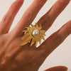 Stainless Steel Open Ring For Women With Flower And Geometric Patterns Electroplated
