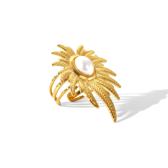Stainless Steel Open Ring For Women With Flower And Geometric Patterns Electroplated