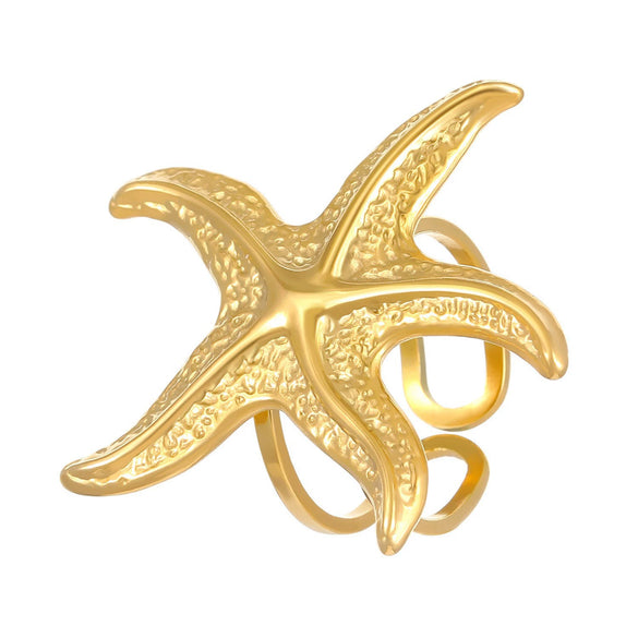 Stainless Steel Open Ring For Women With Starfish Seashell And Ginkgo Leaf Ocean Holiday Style Hand Jewelry Electroplated