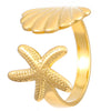 Stainless Steel Open Ring For Women With Starfish Seashell And Ginkgo Leaf Ocean Holiday Style Hand Jewelry Electroplated
