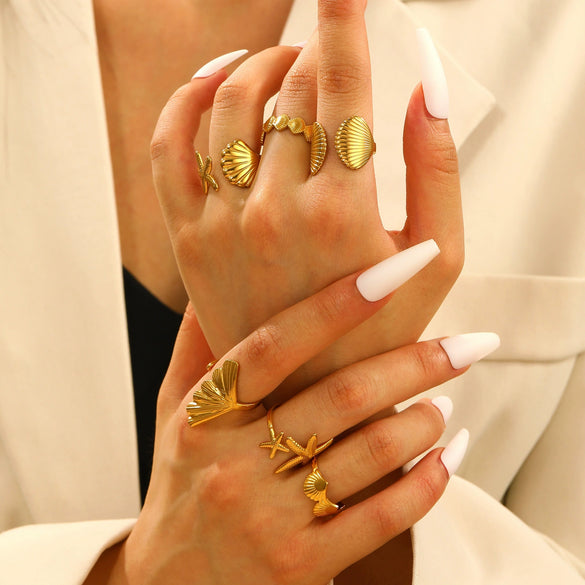 Stainless Steel Open Ring For Women With Starfish Seashell And Ginkgo Leaf Ocean Holiday Style Hand Jewelry Electroplated