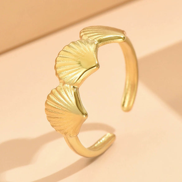 Stainless Steel Open Ring For Women With Starfish Seashell And Ginkgo Leaf Ocean Holiday Style Hand Jewelry Electroplated