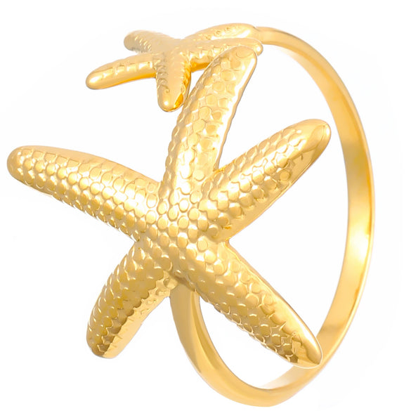 Stainless Steel Open Ring For Women With Starfish Seashell And Ginkgo Leaf Ocean Holiday Style Hand Jewelry Electroplated