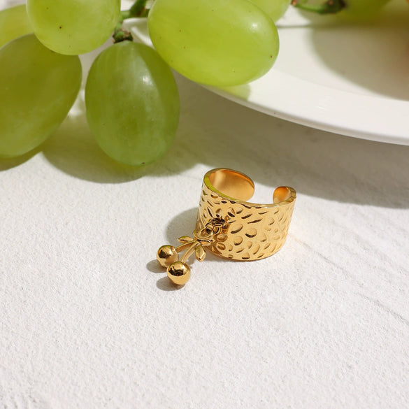Stainless Steel Open Ring With Cherry Pendant And Geometric Hammer Pattern Electroplated Design For Women