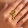 Stainless Steel Open Ring With Cherry Pendant And Geometric Hammer Pattern Electroplated Design For Women