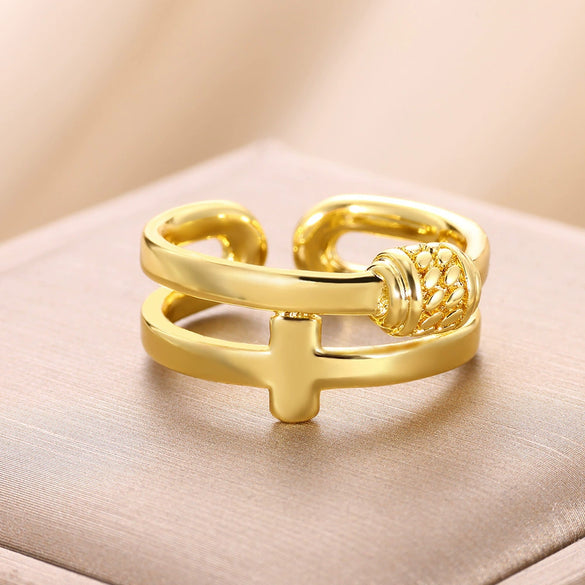 Stainless Steel Open Ring With Cross Bow Star Moon Design Electroplated Unisex Ladies Ring