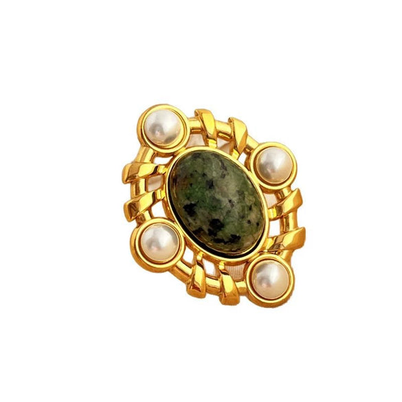 Stainless Steel Open Ring With Pearl And Heart Shape Blue Turquoise Electroplated Jewelry For Women Minimalist Style