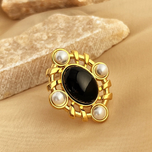 Stainless Steel Open Ring With Pearl And Heart Shape Blue Turquoise Electroplated Jewelry For Women Minimalist Style