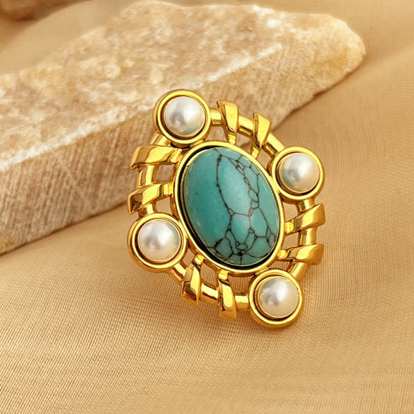Stainless Steel Open Ring With Pearl And Heart Shape Blue Turquoise Electroplated Jewelry For Women Minimalist Style