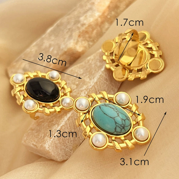 Stainless Steel Open Ring With Pearl And Heart Shape Blue Turquoise Electroplated Jewelry For Women Minimalist Style