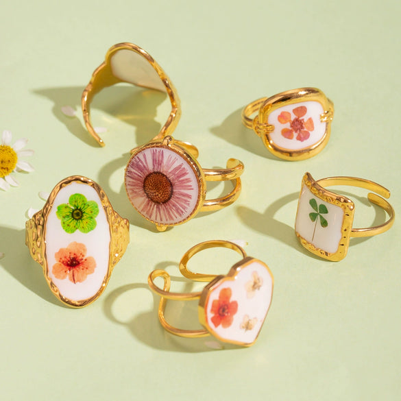 Stainless Steel Open Rings Geometric Pattern Electroplated Summer New Flower Series Women's Hand Accessories