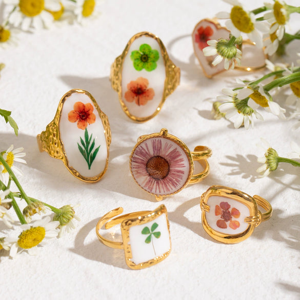 Stainless Steel Open Rings Geometric Pattern Electroplated Summer New Flower Series Women's Hand Accessories