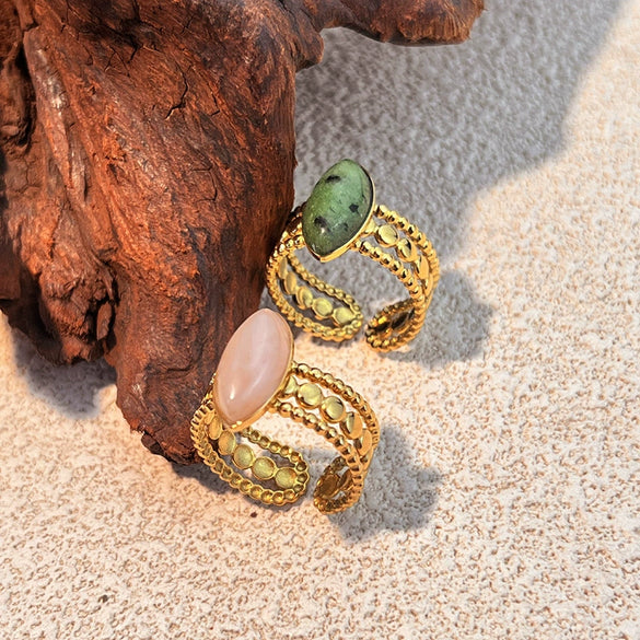 Stainless Steel Open Rings Inlaid With Natural Stone Heart Shape Electroplated Minimalist Geometric Jewelry