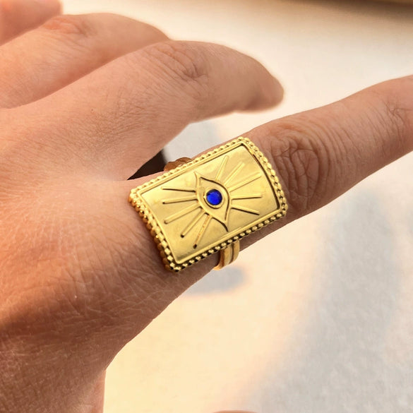 Stainless Steel Open Square Ring With Heart Shape Pattern Vintage Minimalist Style 18K Gold Plated