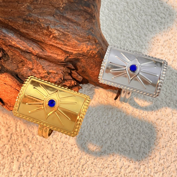 Stainless Steel Open Square Ring With Heart Shape Pattern Vintage Minimalist Style 18K Gold Plated