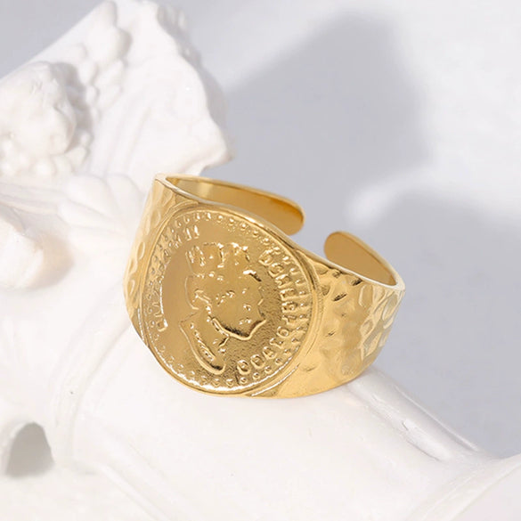 Stainless Steel Opening Adjustable Women's Queen Head Ring British Retro Style Electroplated