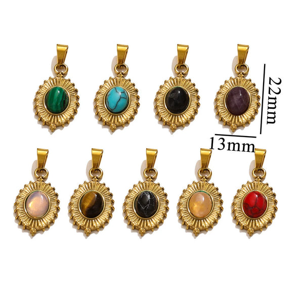 Stainless Steel Oval Bohemian Natural Stone Turquoise Pendant Totem Pattern Electroplated Diy Jewelry Accessories Necklace