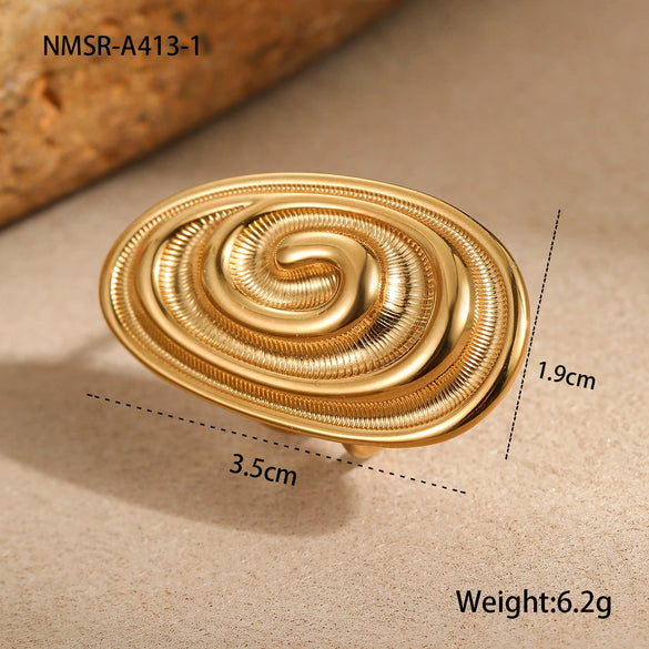Stainless Steel Oval Conch Shape Retro Light Luxury Ring Electroplated