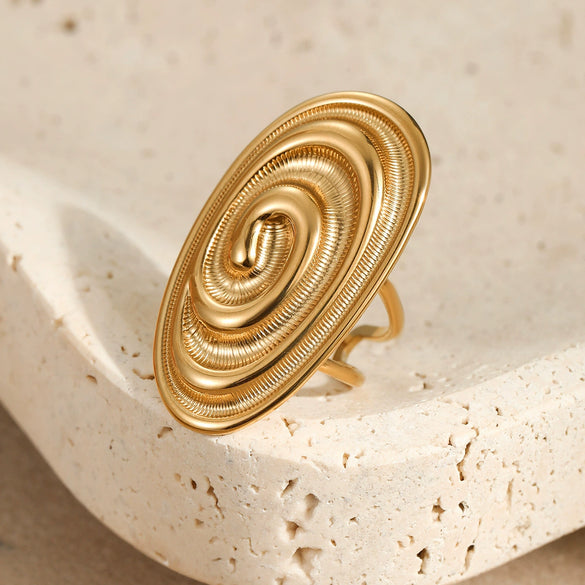 Stainless Steel Oval Conch Shape Retro Light Luxury Ring Electroplated