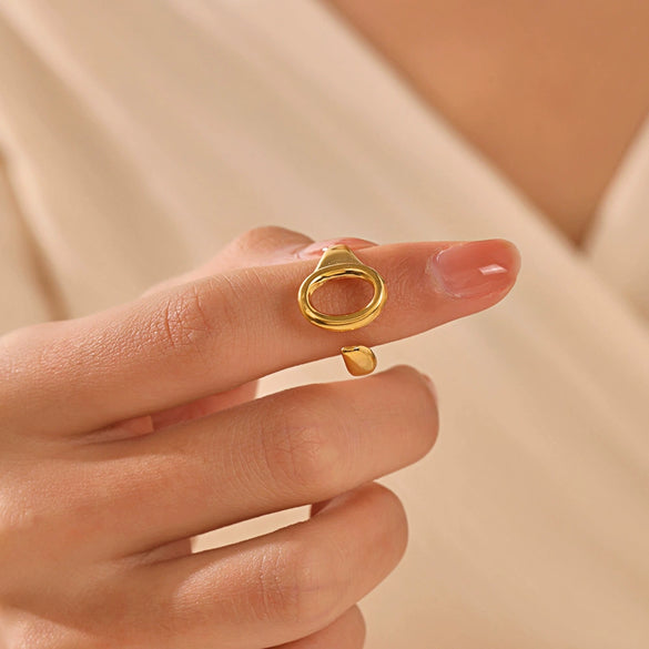 Stainless Steel Oval Geometric Open Adjustable Real Gold Plated Ring