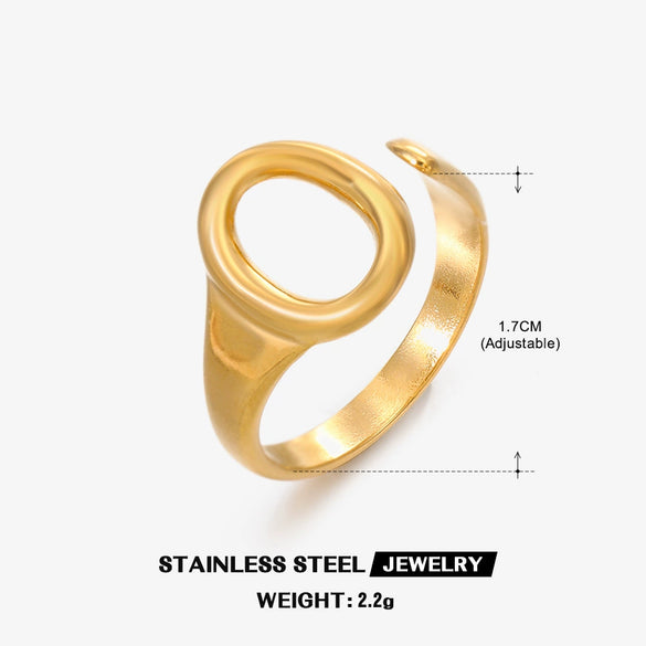 Stainless Steel Oval Geometric Open Adjustable Real Gold Plated Ring