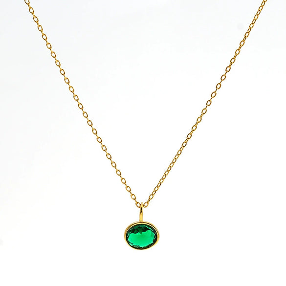 Stainless Steel Oval Geometric Pendant Necklace With Emerald And White Diamond Accents Electroplated Oshaped Chain Women's Jewelry