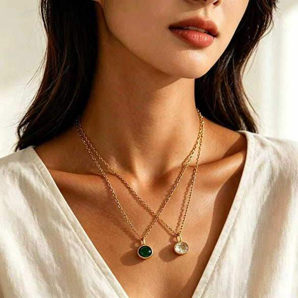 Stainless Steel Oval Geometric Pendant Necklace With Emerald And White Diamond Accents Electroplated Oshaped Chain Women's Jewelry