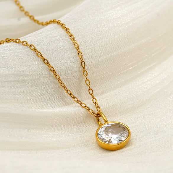 Stainless Steel Oval Geometric Pendant Necklace With Emerald And White Diamond Accents Electroplated Oshaped Chain Women's Jewelry