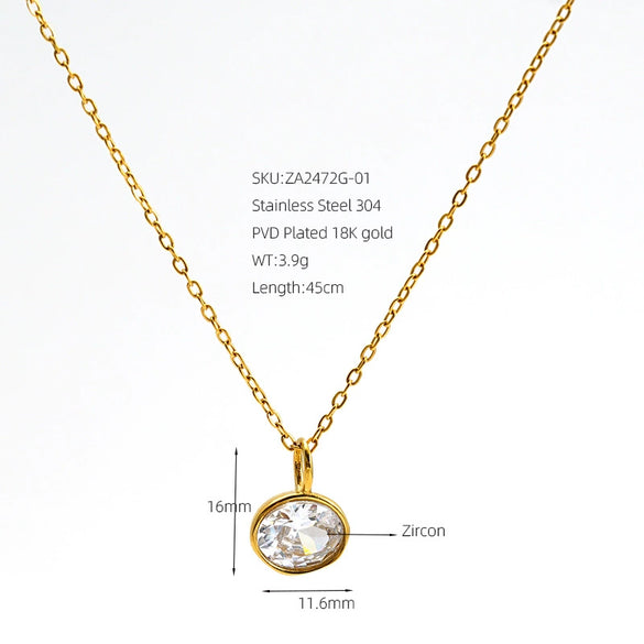 Stainless Steel Oval Geometric Pendant Necklace With Emerald And White Diamond Accents Electroplated Oshaped Chain Women's Jewelry