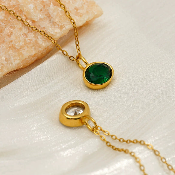 Stainless Steel Oval Geometric Pendant Necklace With Emerald And White Diamond Accents Electroplated Oshaped Chain Women's Jewelry