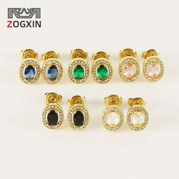 316L Stainless Steel Oval Inlaid Zircon Electroplating Women's Earrings