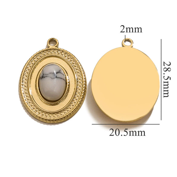 Stainless Steel Oval Natural Stone Pendant With Totem Pattern Inlay Bohemian Style Luxury Accessory