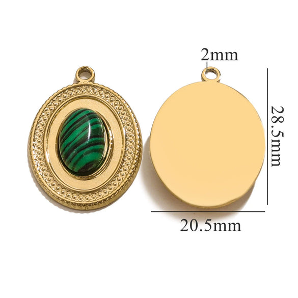 Stainless Steel Oval Natural Stone Pendant With Totem Pattern Inlay Bohemian Style Luxury Accessory