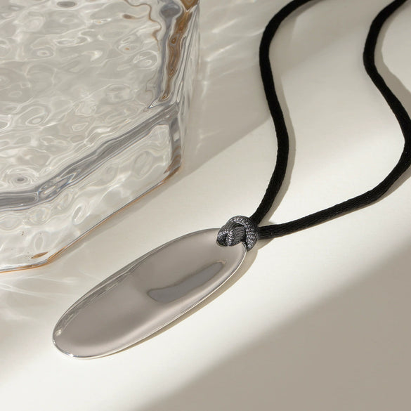 Stainless Steel Oval Pendant Black Rope Necklace With Electroplating And Geometric Design For Women