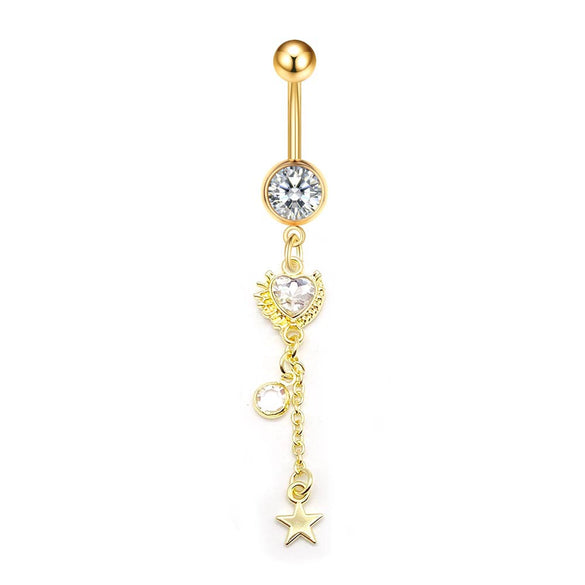 Stainless Steel Peach Heart Moon Pendant Navel Ring Women's Body Piercing Jewelry With Electroplating And Flower Design