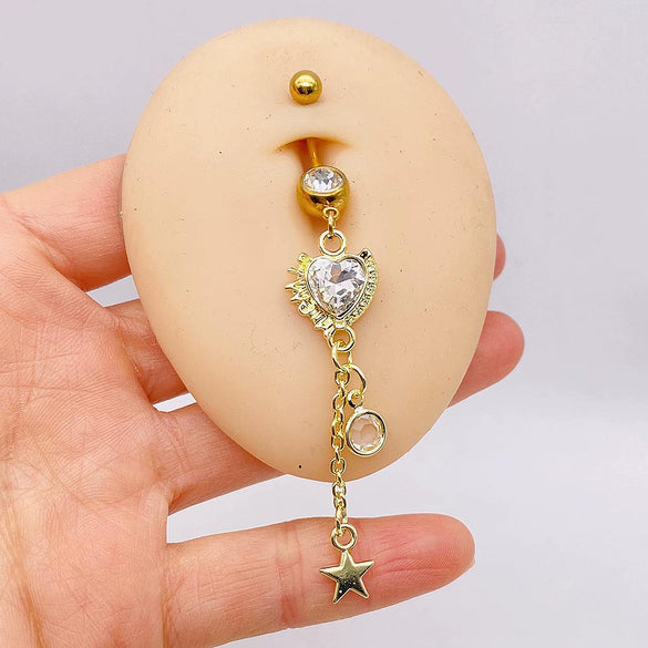 Stainless Steel Peach Heart Moon Pendant Navel Ring Women's Body Piercing Jewelry With Electroplating And Flower Design