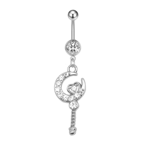 Stainless Steel Peach Heart Moon Pendant Navel Ring Women's Body Piercing Jewelry With Electroplating And Flower Design