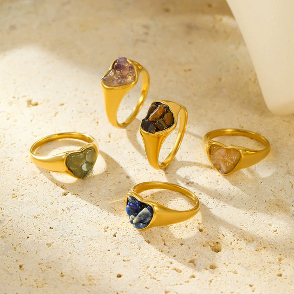 Stainless Steel Peach Heartshaped Natural Stone Design Ring With Electroplating For Women In Light Luxury Style