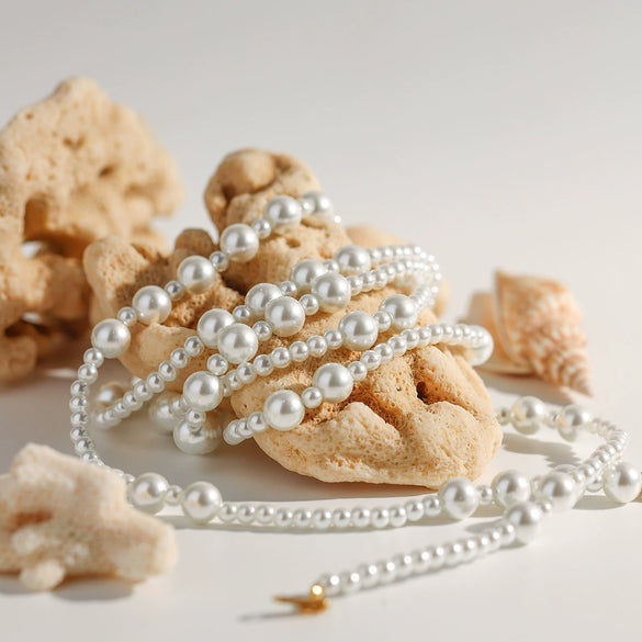 Stainless Steel Pearl Beaded Sweater Chain Necklace Electroplating Women's
