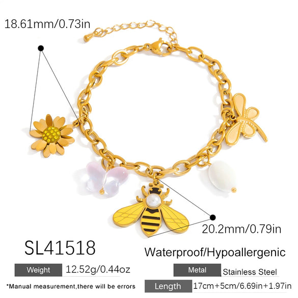 Stainless Steel Pearl Doublelayer Fruit Bee Pendant Bracelet Electroplated Jewelry For Women