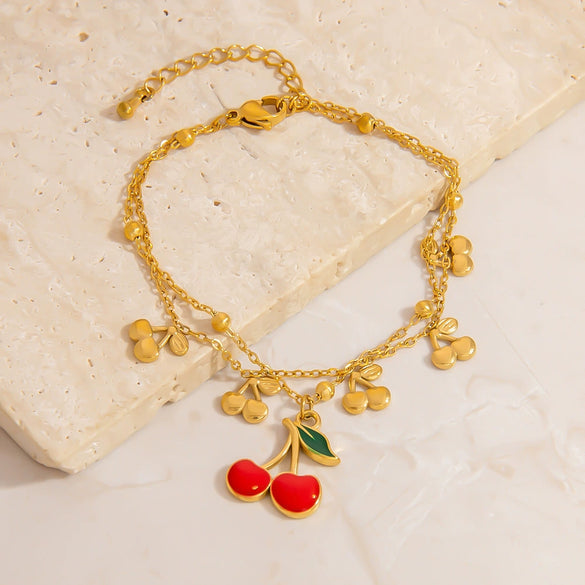Stainless Steel Pearl Doublelayer Fruit Bee Pendant Bracelet Electroplated Jewelry For Women