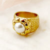 Stainless Steel Pearl Embossed Sunflower Wide Ring For Women Electroplated French Retro Style