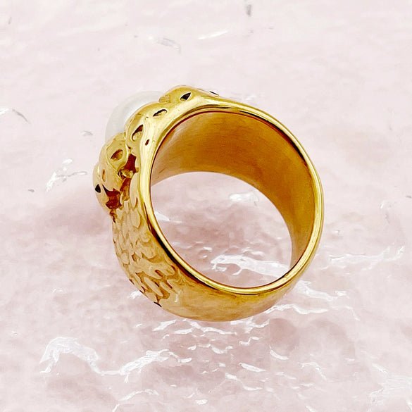 Stainless Steel Pearl Embossed Sunflower Wide Ring For Women Electroplated French Retro Style