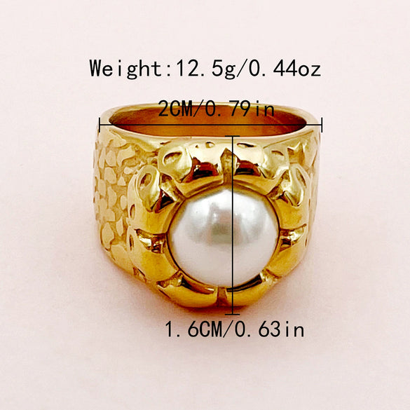 Stainless Steel Pearl Embossed Sunflower Wide Ring For Women Electroplated French Retro Style