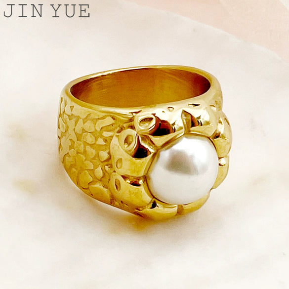 Stainless Steel Pearl Embossed Sunflower Wide Ring For Women Electroplated French Retro Style