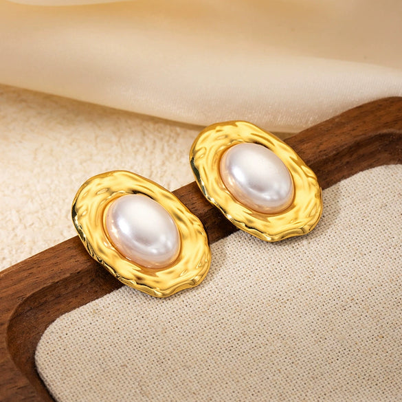 Stainless Steel Pearl Flower Asymmetrical Electroplated Earrings For Women French Classic Light Luxury Style