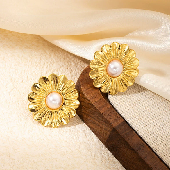 Stainless Steel Pearl Flower Asymmetrical Electroplated Earrings For Women French Classic Light Luxury Style