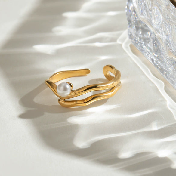 Stainless Steel Pearl Geometric Ring With Electroplating For Women